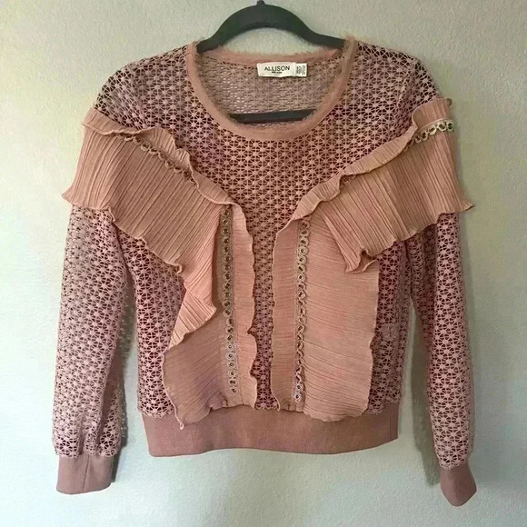 Allison Crochet Like Ruffle Pullover Top Size XS Blush Coquette Sheer Girlhood - Picture 3 of 13